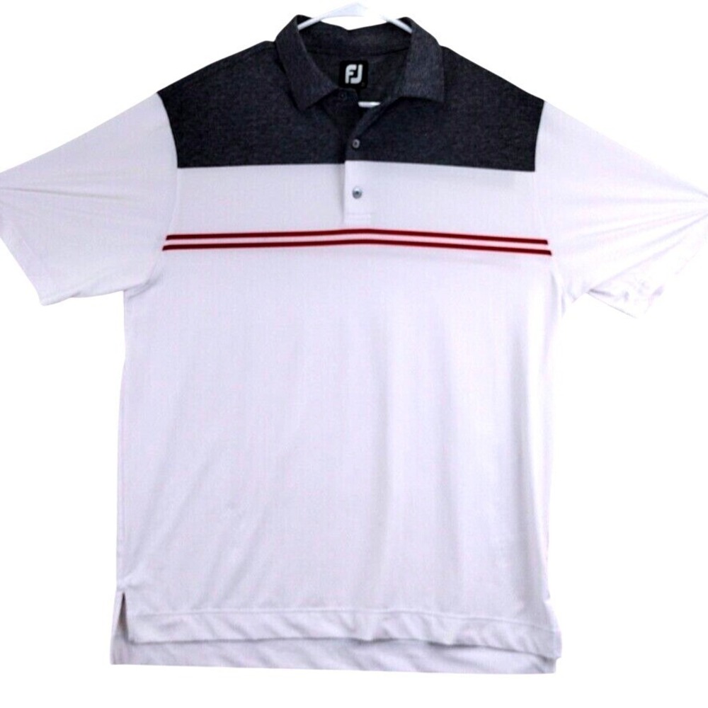 FJ FootJoy Mens Golf Polo Shirt White Charcoal Red Stripe Size‎ Large